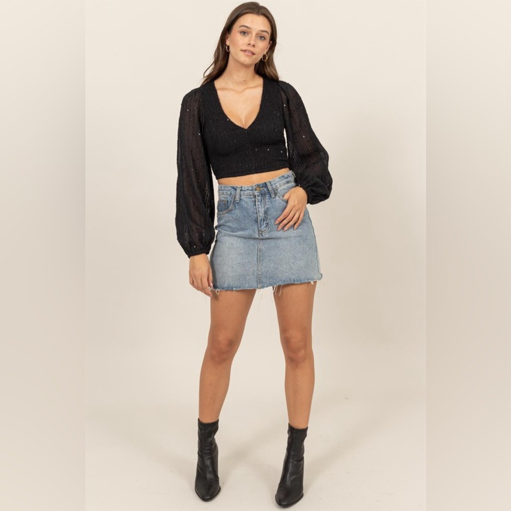 38B. Balloon Sleeve Smocked Sequin Crop Top - Black